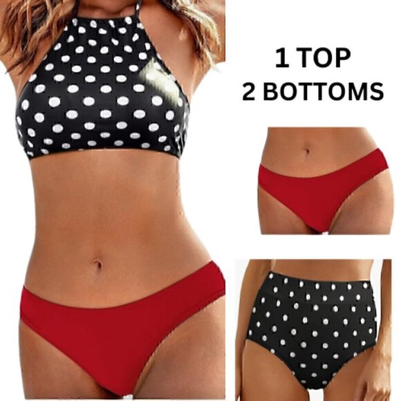 55.🆕Small Halter Top Low Waisted Bottom & Extra High Waist Polka Dot Bottom - Picture 1 of 11